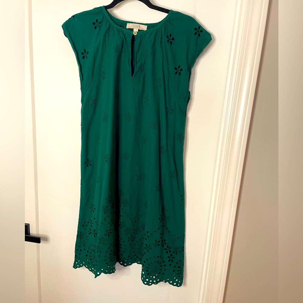 LOFT emerald green cotton eyelet dress